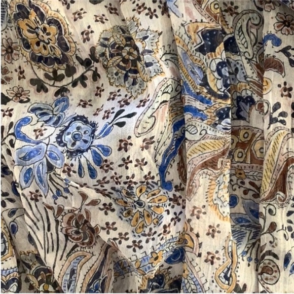 Redemption Silk Chiffon White Blue Beige Floral Print Paisley Smocked Blouse 8 - Picture 9 of 11